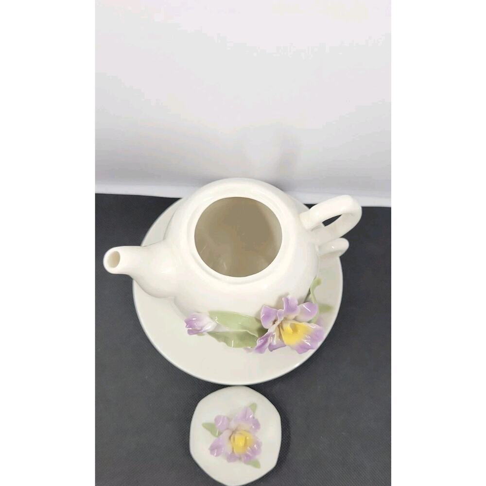Porcelain Tea For One Set 3D Purple Iris Flowers Teapot Cup Saucer Floral - Picture 3 of 11